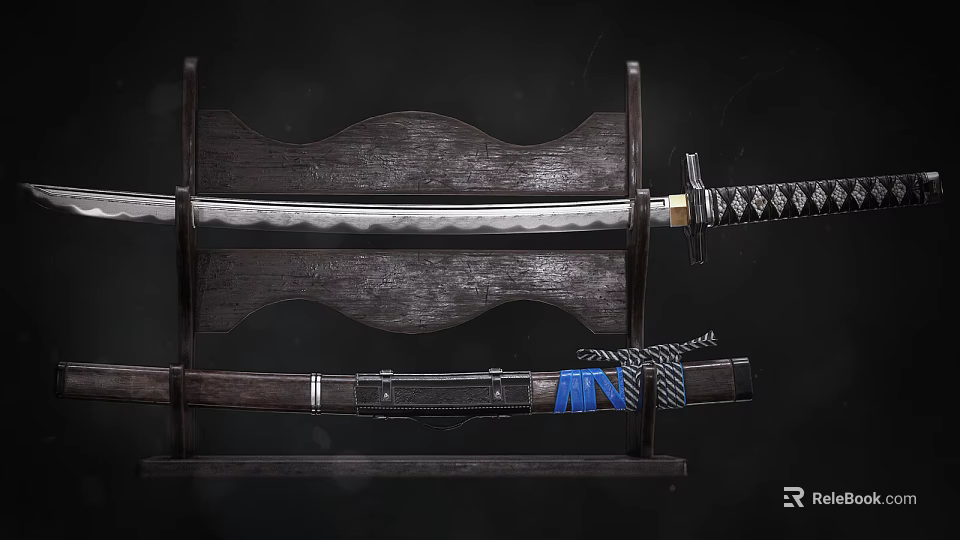 Samurai Sword Displayed On Wooden Stand With Sheath And Blue Rope Knot 3d model