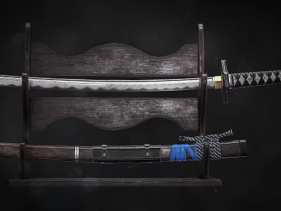 Samurai Sword Displayed On Wooden Stand With Sheath And Blue Rope Knot 3d model