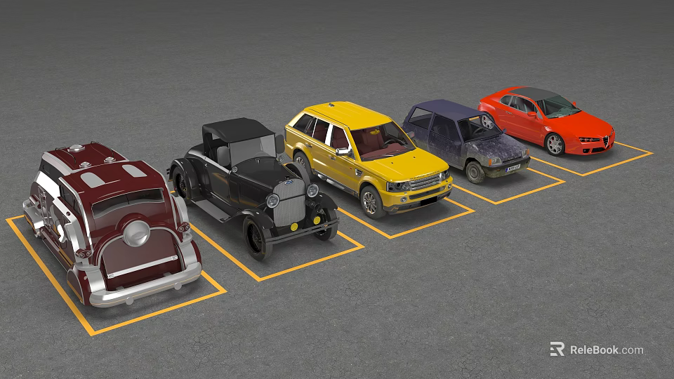 Various Colorful Vintage and Modern Cars Parked in Parking Lot Spaces 3d model 