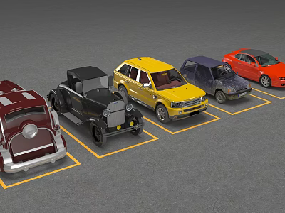 Various Colorful Vintage and Modern Cars Parked in Parking Lot Spaces 3d model