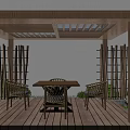 Wooden Outdoor Pergola With Table Chairs Lattice Fence And Greenery On Deck