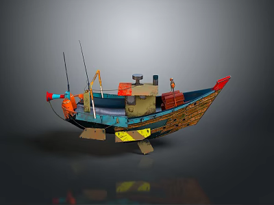 Colorful Small Water Transport Boat with Blue Hull Antenna Cargo Boxes and Decorative Details 3d model