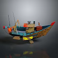 Colorful Small Water Transport Boat with Blue Hull Antenna Cargo Boxes and Decorative Details