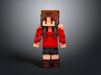 3D Pixel Art Woman Character Wearing Red Shirt And Dark Shorts 3d model