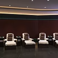 Luxurious SPA Sauna Interior With Comfortable Massage Chairs Red Walls And Recessed Ceiling Lights