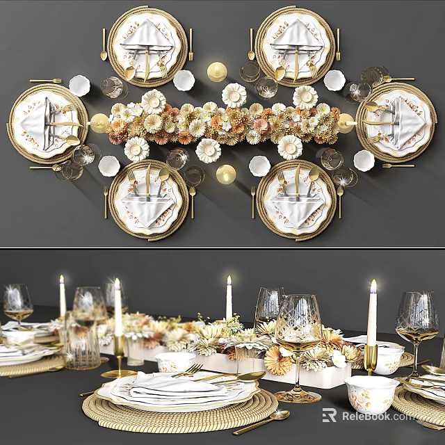 Luxury Decorative Table Arrangement With Floral Gold Accents White Candles Wine Glasses And Dinner Plates 3d model 