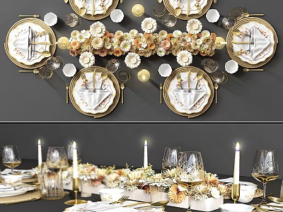 Luxury Decorative Table Arrangement With Floral Gold Accents White Candles Wine Glasses And Dinner Plates 3d model