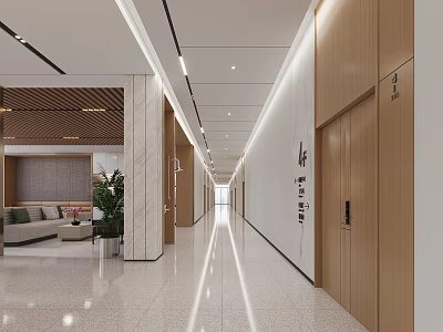 Modern Office Corridor Design With Wooden Doors Marble Flooring And Recessed Lighting 3d model