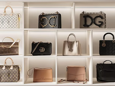 Stylish Designer Handbags Displayed On White Shelves With Various Colors And Logos 3d model
