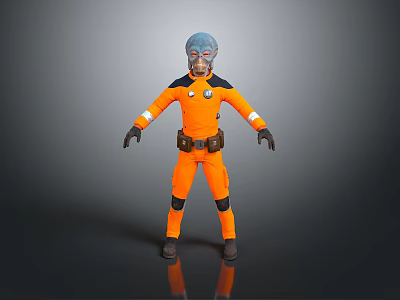 Sci Fi Character With Blue Head In Orange Outfit Standing Pose 3d model