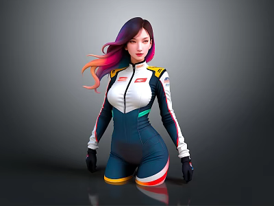 Colorful Haired Female Racer In White Blue Racing Suit With Yellow Red Accents 3d model