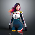 Colorful Haired Female Racer In White Blue Racing Suit With Yellow Red Accents