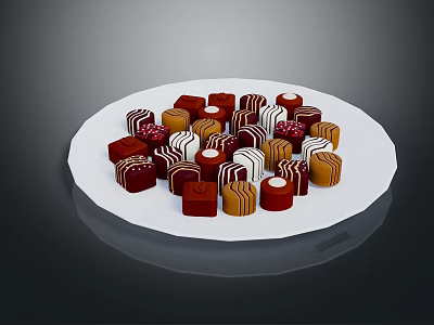 Assorted Chocolates in Red Brown White Colors and Various Shapes on White Plate 3d model