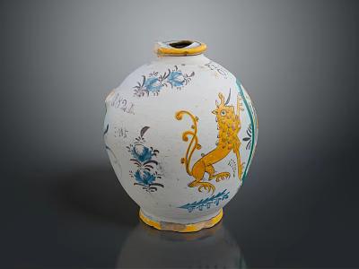 Ceramic Vase With Handcrafted Yellow Lion Sculpture And Blue Floral Patterns 3d model