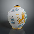 Ceramic Vase With Handcrafted Yellow Lion Sculpture And Blue Floral Patterns