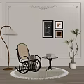 Stylish Leisure Chair With Wicker Design Floor Lamp Small Table Potted Plant And Wall Frames