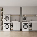 White Modern Bathroom Cabinet Rack With Washer Dryer Sink Wooden Floor And Potted Plant