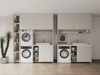 White Modern Bathroom Cabinet Rack With Washer Dryer Sink Wooden Floor And Potted Plant 3d model