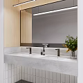 Modern Bathroom Vanity With Double Sinks Mirror Wooden Cabinets And Flowers