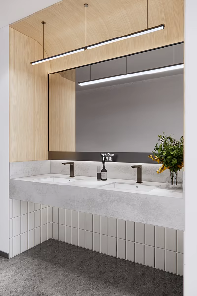 Modern Bathroom Vanity With Double Sinks Mirror Wooden Cabinets And Flowers 3d model