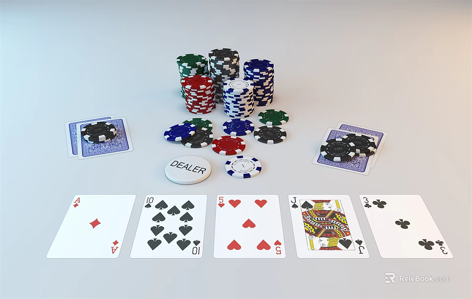 Poker Cards With Colorful Chips And Dealer Button Setup For Game Night Entertainment 3d model 