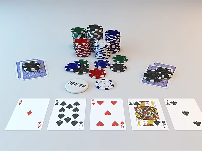 Poker Cards With Colorful Chips And Dealer Button Setup For Game Night Entertainment 3d model