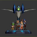Game Movie Characters Standing On Circular Platform With Blue Silver Mechanical Device Green Energy Core
