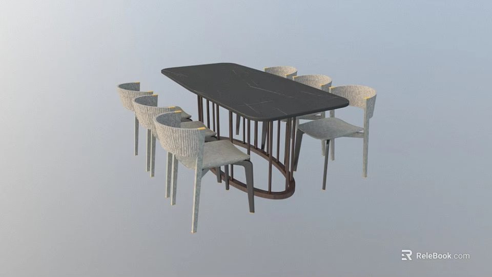 Modern Black Dining Table Set With Light Colored Wicker Chairs And Metal Legs 3d model