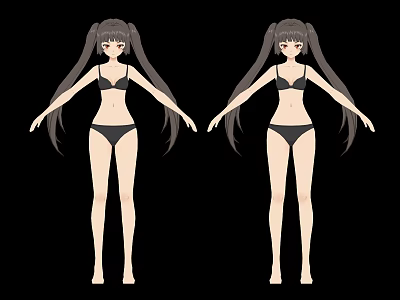 Anime Game Movie Character With Twin Ponytails Long Gray Hair Black Bikini Standing Arms Outstretched 3d model