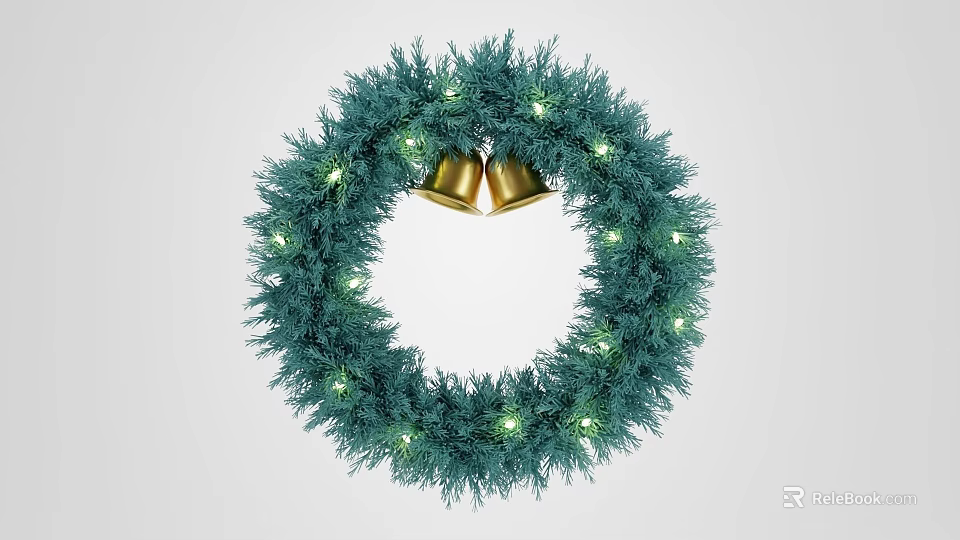 Festive Green Christmas Wreath Decoration With Golden Bells And Glowing Lights 3d model 