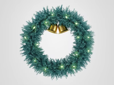 Festive Green Christmas Wreath Decoration With Golden Bells And Glowing Lights 3d model