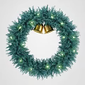 Festive Green Christmas Wreath Decoration With Golden Bells And Glowing Lights