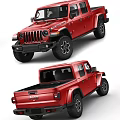Red Jeep Pickup Truck with Off Road Tires and Open Cargo Bed
