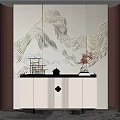 Modern Luxury Entryway Console Cabinet With Mountain Pattern Backdrop And Golden Hardware 3d model