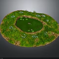 Circular Garden Pond With Green Grass White Flowers And Lotus Leaves