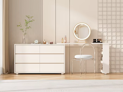 Modern White Dressing Table With Round Mirror Transparent Chair And Skincare Products 3d model