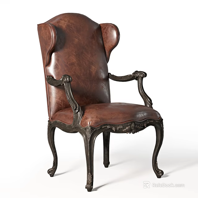 Luxurious Brown Leather Dining Chair With Ornate Metal Legs And Armrests 3d model 