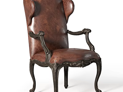 Luxurious Brown Leather Dining Chair With Ornate Metal Legs And Armrests 3d model