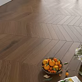 Rich Brown Herringbone Wooden Flooring With Fruit Bowl And Flower Arrangement