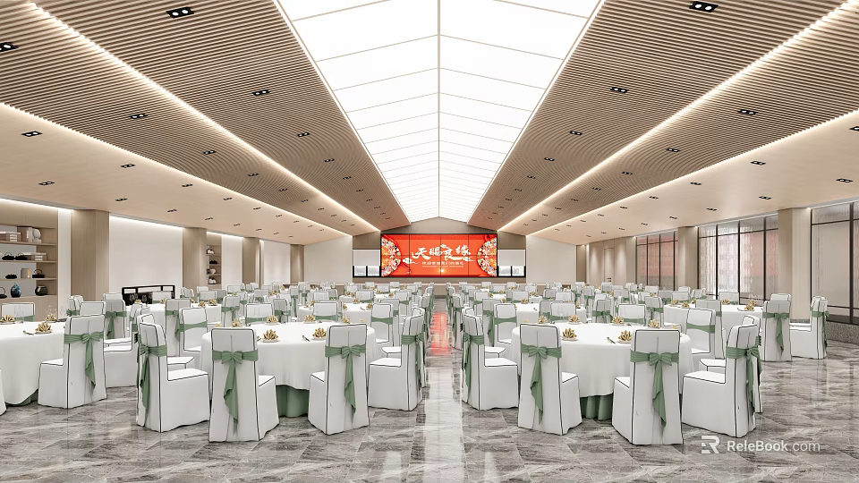 Elegant Banquet Hall With White Chairs Green Ribbons Round Tables And Ceiling Lighting 3d model 