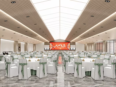 Elegant Banquet Hall With White Chairs Green Ribbons Round Tables And Ceiling Lighting 3d model
