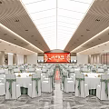 Elegant Banquet Hall With White Chairs Green Ribbons Round Tables And Ceiling Lighting