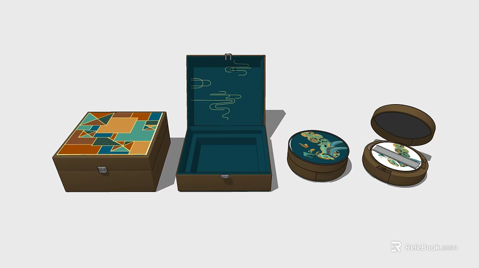 Perfume Cosmetics Packaging Boxes With Open Square Case Teal Interior And Round Patterned Containers 3d model 