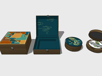 Perfume Cosmetics Packaging Boxes With Open Square Case Teal Interior And Round Patterned Containers 3d model