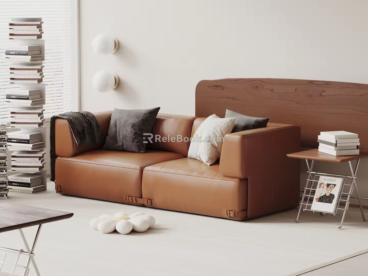Double Sofa Leather Sofa Casual Sofa Fabric Pillow Blanket Bookshelf Wall Lamp Side Table 3d model