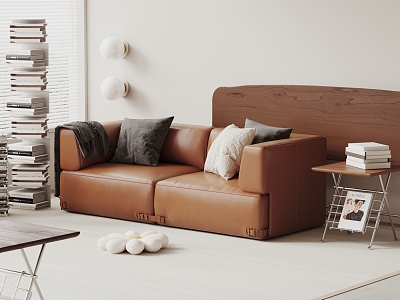 Double Sofa Leather Sofa Casual Sofa Fabric Pillow Blanket Bookshelf Wall Lamp Side Table 3d model