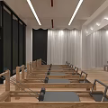 Modern Pilates Studio Interior With Reformer Equipment Wooden Floor And Mirrors