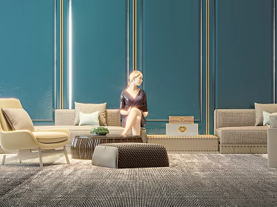 Elegant Sofa Coffee Table Set With Beige Upholstery Gold Accents And Blue Wall 3d model