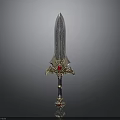 Ornate Sword With Feather Like Blade Golden Hilt And Red Gemstone On Dark Background