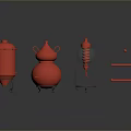 Red And Blue Sculpture Carvings With Jar And Gourd Shapes On Black Reflective Platform